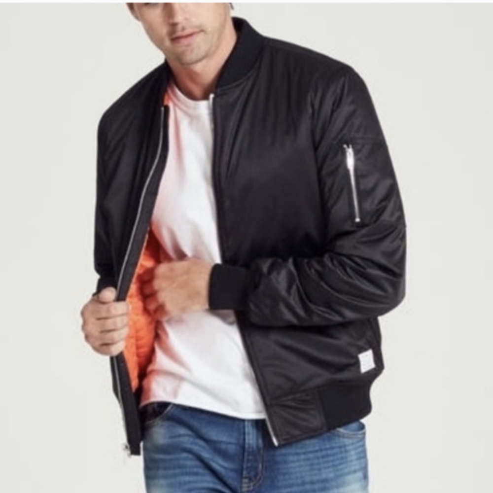 Adam Levine Bomber jacket, black with orange quilted lining L
